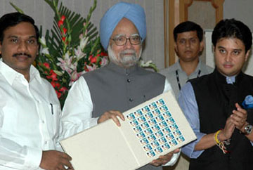 The Prime Minister, Dr. Manmohan Singh releasing a commemorative postage stamp on Shehnai Maestro Ustad Bismillah Khan, in New Delhi on August 21, 2008. The Union Minister for Communications and Information Technology, Shri A. Raja and the Minister of State for Communications & Information Technology, Shri Jyotiraditya Madhavrao Scindia are also seen. 